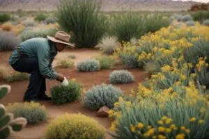 a gardener in new mexico uses a mulch layer around plants to suppress weeds