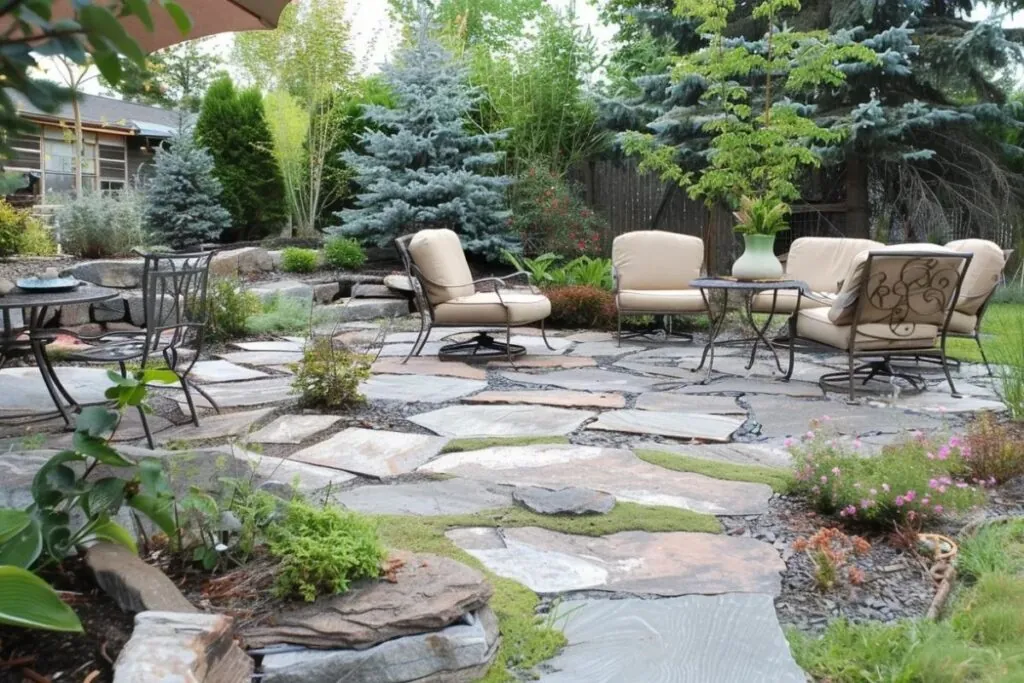 flagstone patio designs with garden furniture