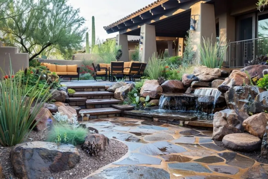 patio designs with flagstone of different levels