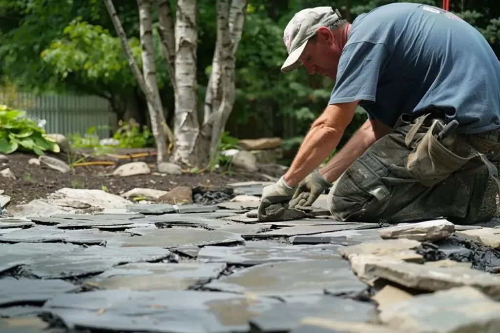 landscaping contractor installing flagstone patios