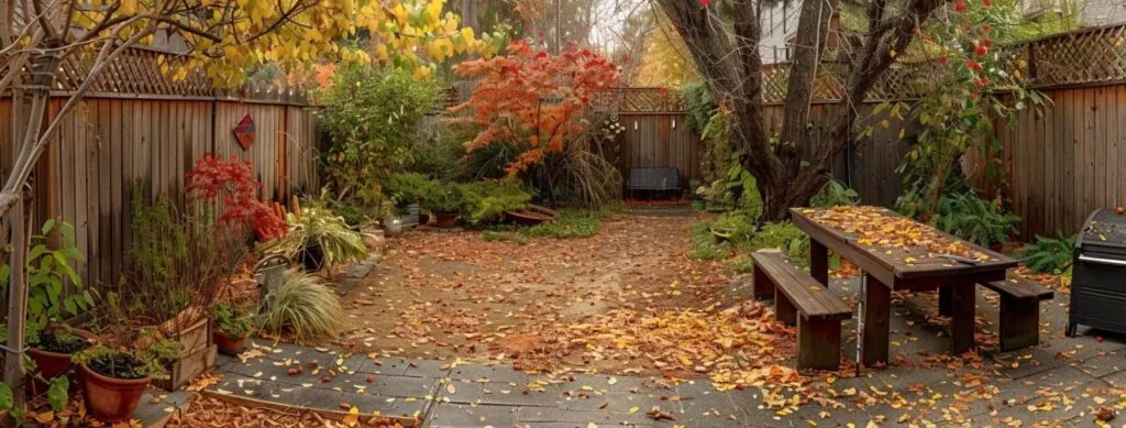 a serene garden scene with vibrant fall colors, cleared of debris and protected plants, preparing for the winter ahead.