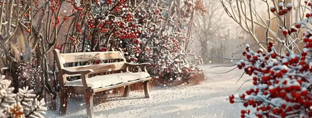 a serene snow-covered garden with vibrant red berries on bare branches and a rustic wooden bench covered in a light dusting of snow.