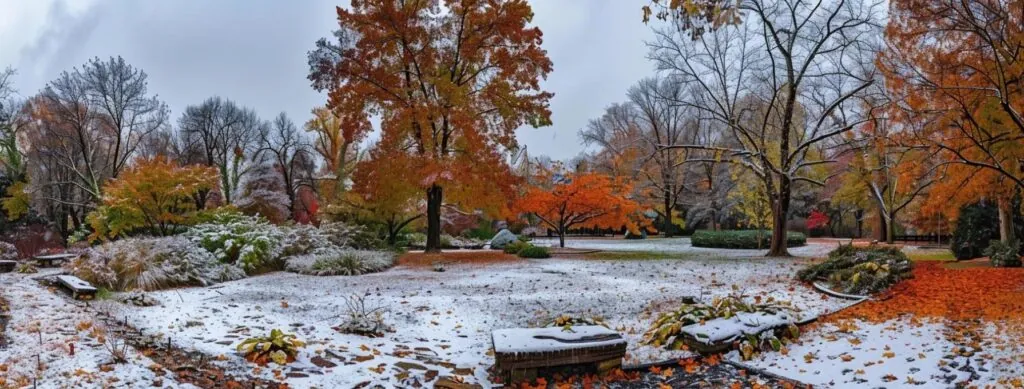 a vibrant autumn scene with colorful foliage and a dusting of snow on the ground, showcasing the beauty of seasonal landscaping.