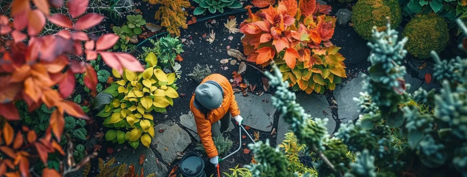 a vibrant garden with colorful leaves falling and a gardener preparing the soil for winter