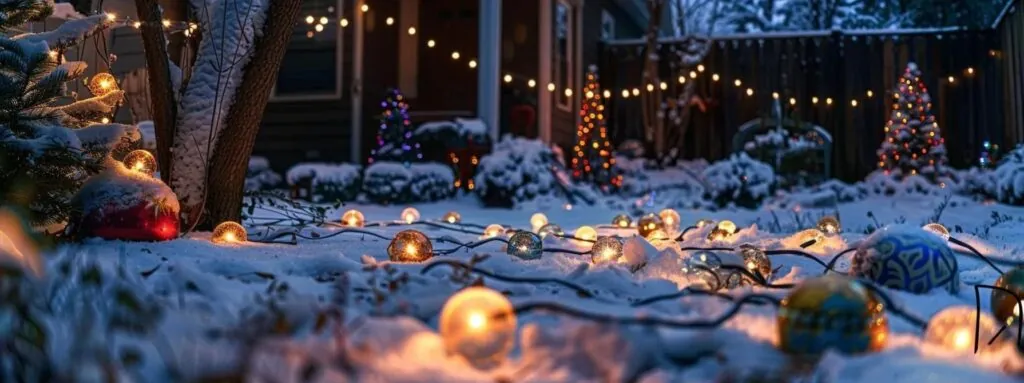 a cozy backyard with twinkling string lights and colorful winter decorations scattered throughout