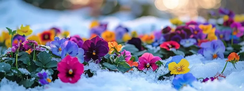 a vibrant display of colorful winter flowers scattered across a snowy landscape, bringing life and cheer to a tranquil yard