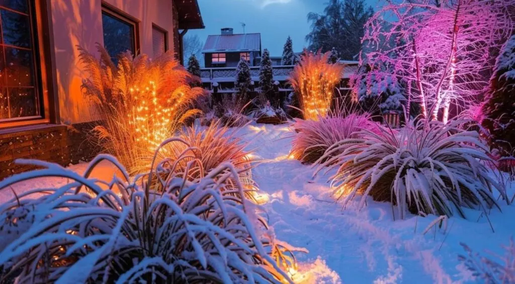 a snow-covered backyard with colorful ornamnental grass and twinkling lights to brighten up the landscape 