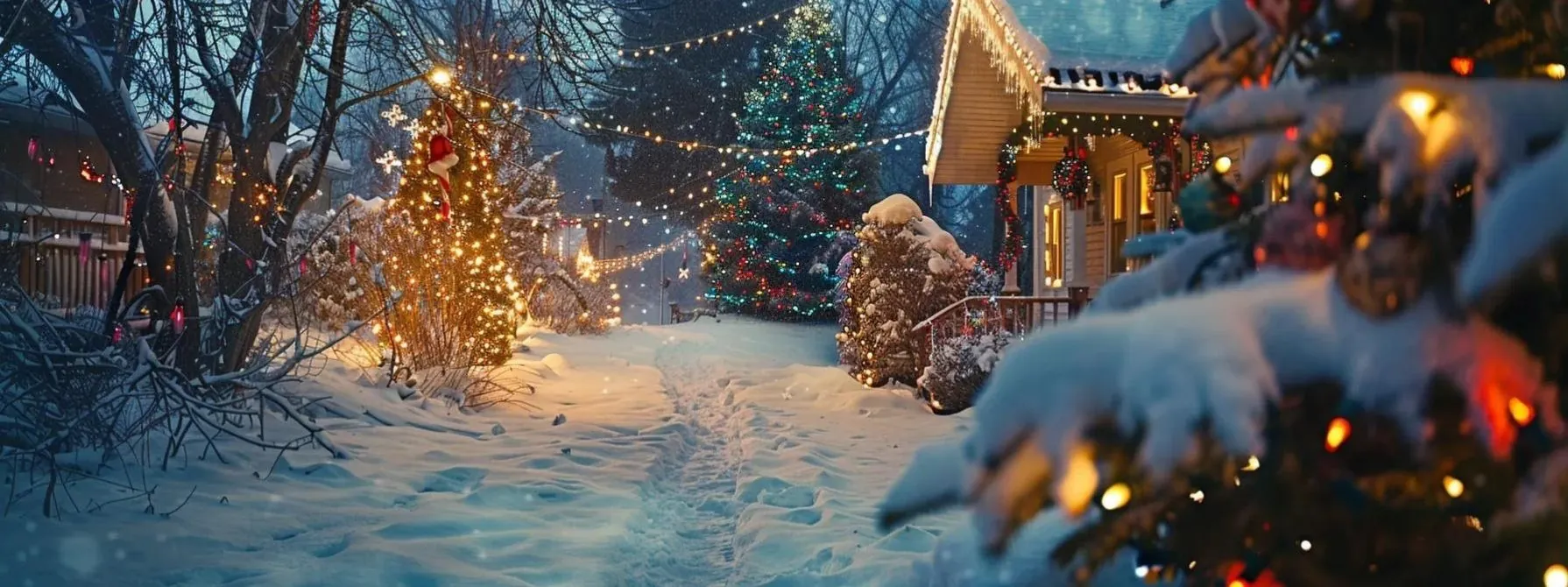 a snow-covered yard adorned with glittering holiday lights and colorful winter decorations