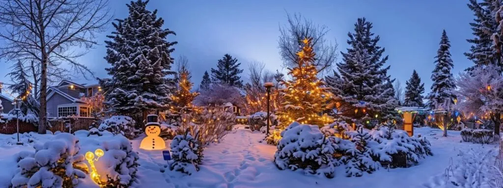 a snow-covered yard with colorful evergreen trees, twinkling lights, and a charming snowman centerpiece, all under a clear blue winter sky