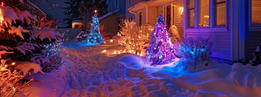 a snow-covered yard with vibrant winter decorations and festive lights to bring cheer to the cold season