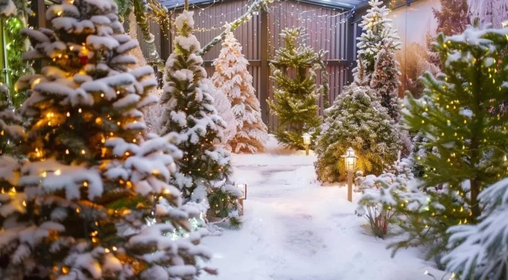 a snowy garden filled with vibrant evergreen trees and sparkling fairy lights