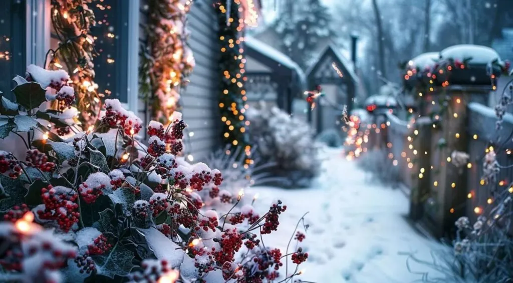 a snowy yard adorned with twinkling fairy lights and a colorful array of winter berries