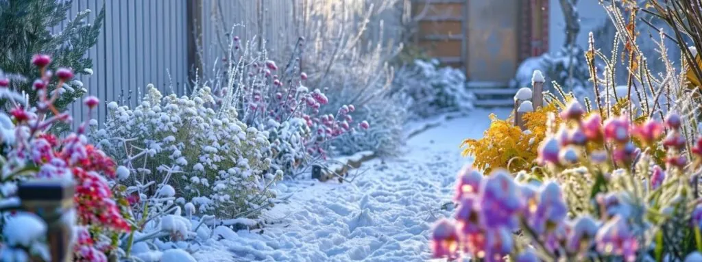 a snow-covered backyard garden with colorful winter flowers blooming amidst the frosty landscape