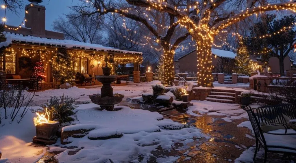 hardscapes and sparkling lights, creating a picturesque winter wonderland in new mexico